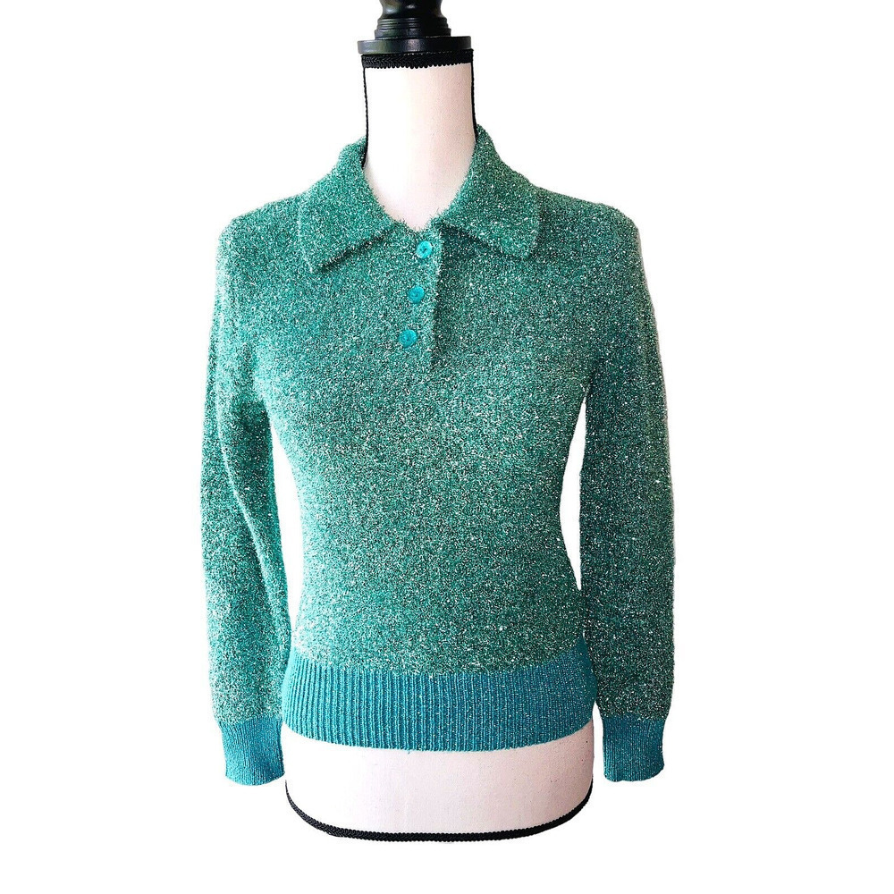 KATE Spade Size XXS Green Metallic Sparkle Stretch Polo Eyelash Sweater